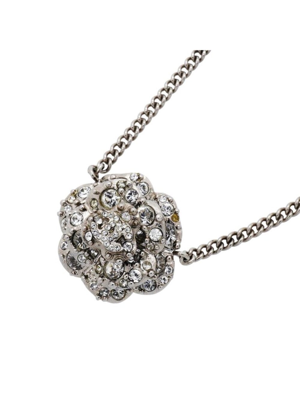 Chanel Necklace CC Logo Camellia Metal Rhinestone Silver